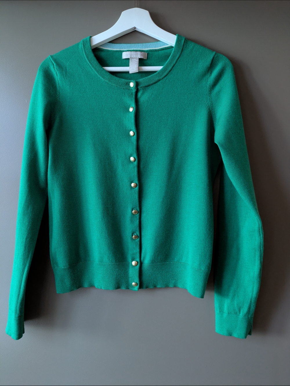 Merino Wool Banana Republic Size S Emerald Green Crewneck Cardigan Golden Button